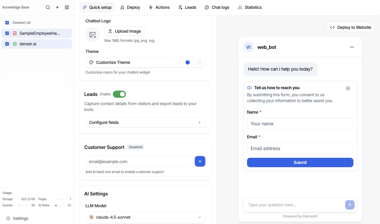 Test chatbot on the dashboard