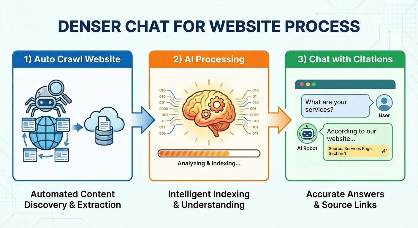 AI chatbot workflow: Website crawling, AI processing, intelligent conversations with source citations