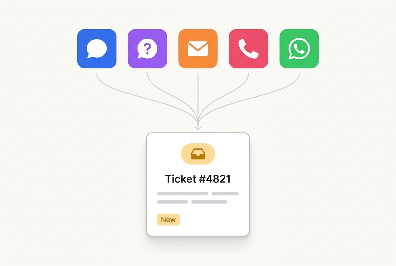 Five channel icons - chat widget, help page, email, phone, and WhatsApp - converging into a single ticket card