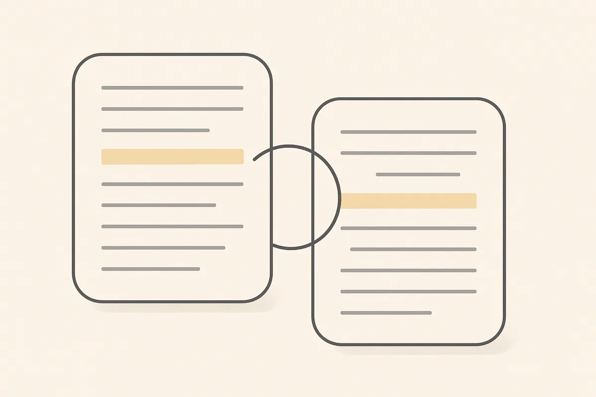 Two source documents side by side, each with a conflicting claim highlighted and joined by a line