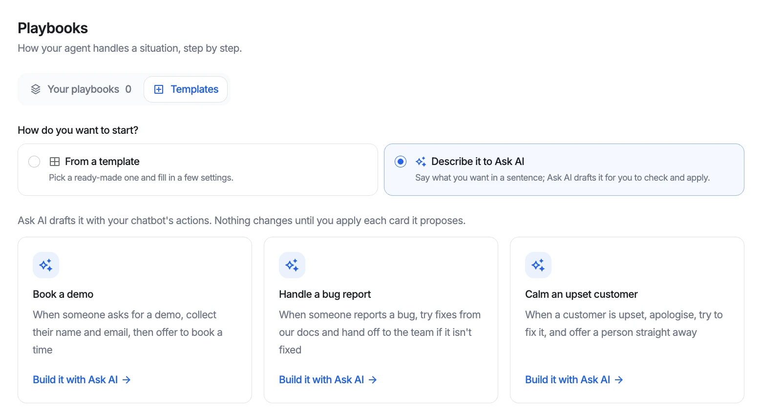 The Playbooks page with Describe it to Ask AI selected, showing three starting ideas: Book a demo, Handle a bug report, and Calm an upset customer.
