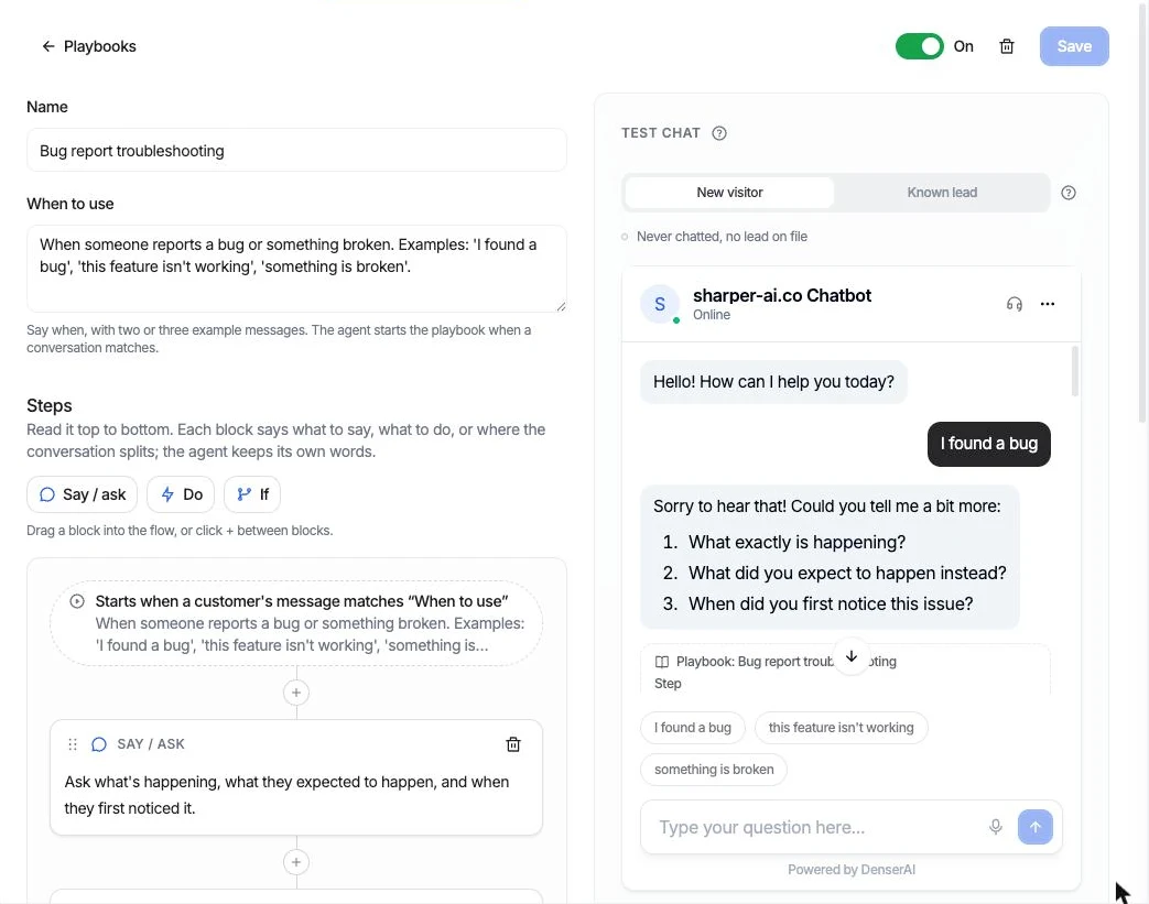 The Denser playbook editor: the name, When to use with example messages, and Say / ask steps on the left, and a test chat on the right where a customer reports a bug