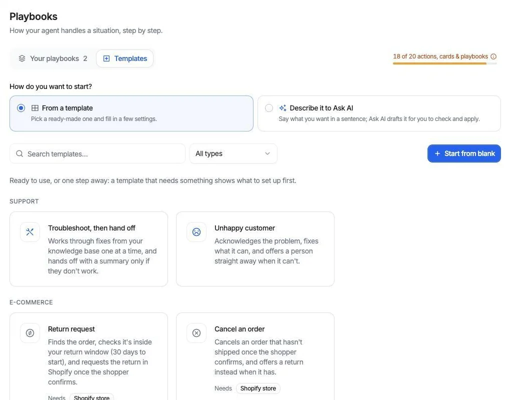 Denser playbook templates: Troubleshoot, then hand off and Unhappy customer under Support; Return request and Cancel an order under E-commerce