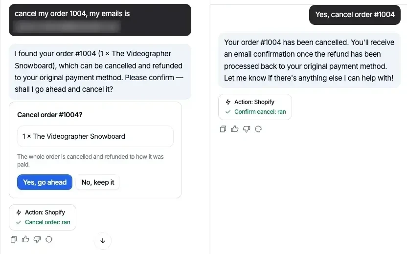 Two Denser chat screens: the shopper asks to cancel order 1004 and the agent shows a confirmation card with Yes and No buttons; after the shopper confirms, the agent says the order is canceled and refunded