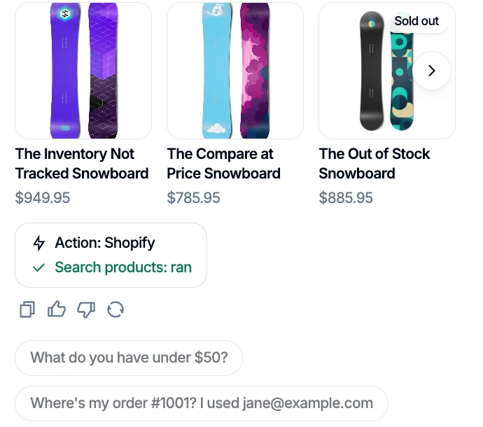 Denser chat showing three snowboard product cards with names and prices, one marked Sold out, and a trace under the reply reading "Action: Shopify, Search products: ran"