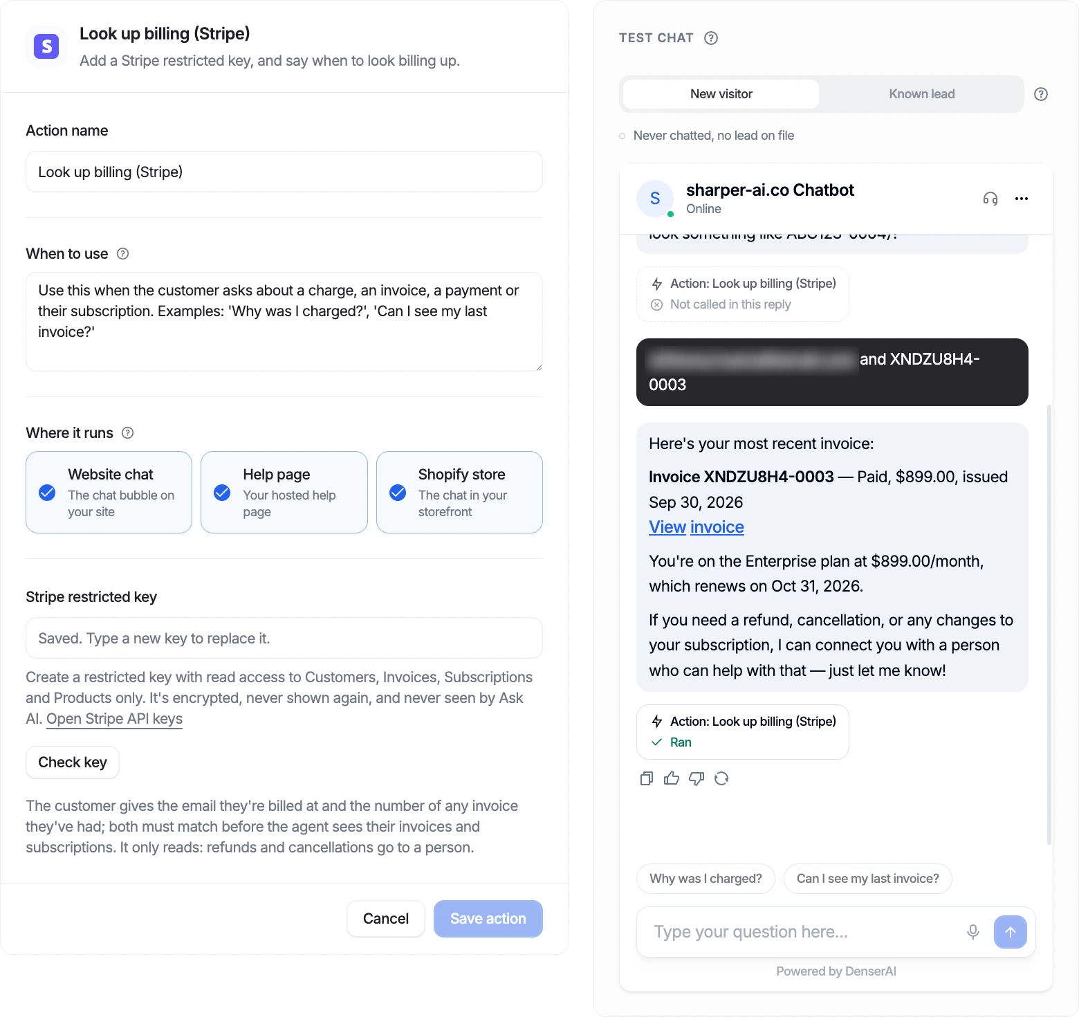 Denser's Look up billing (Stripe) action settings beside its test chat, where the agent replies with the latest invoice, its paid status, a View invoice link, the plan, and the renewal date