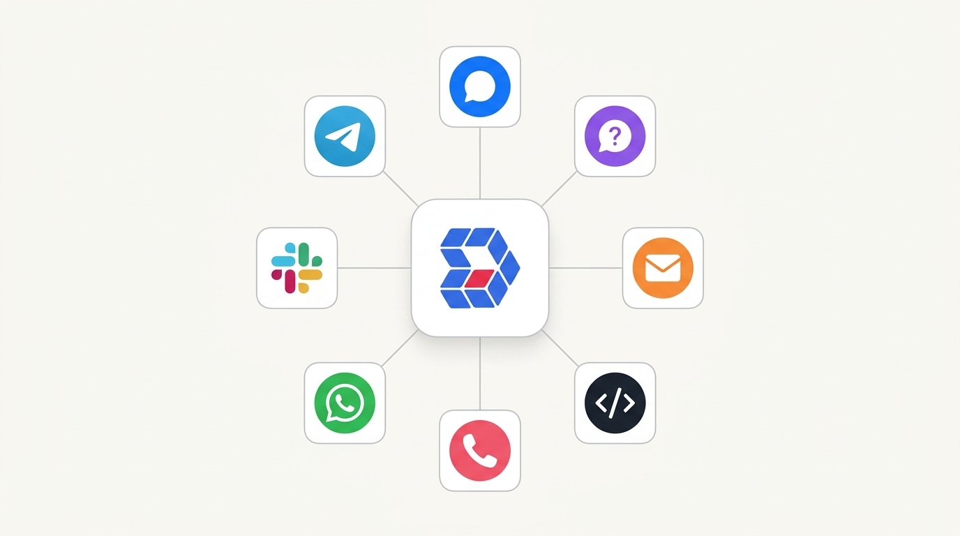 Denser logo connected to eight channel icons: chat widget, help page, email, REST API, phone, WhatsApp, Slack, and Telegram