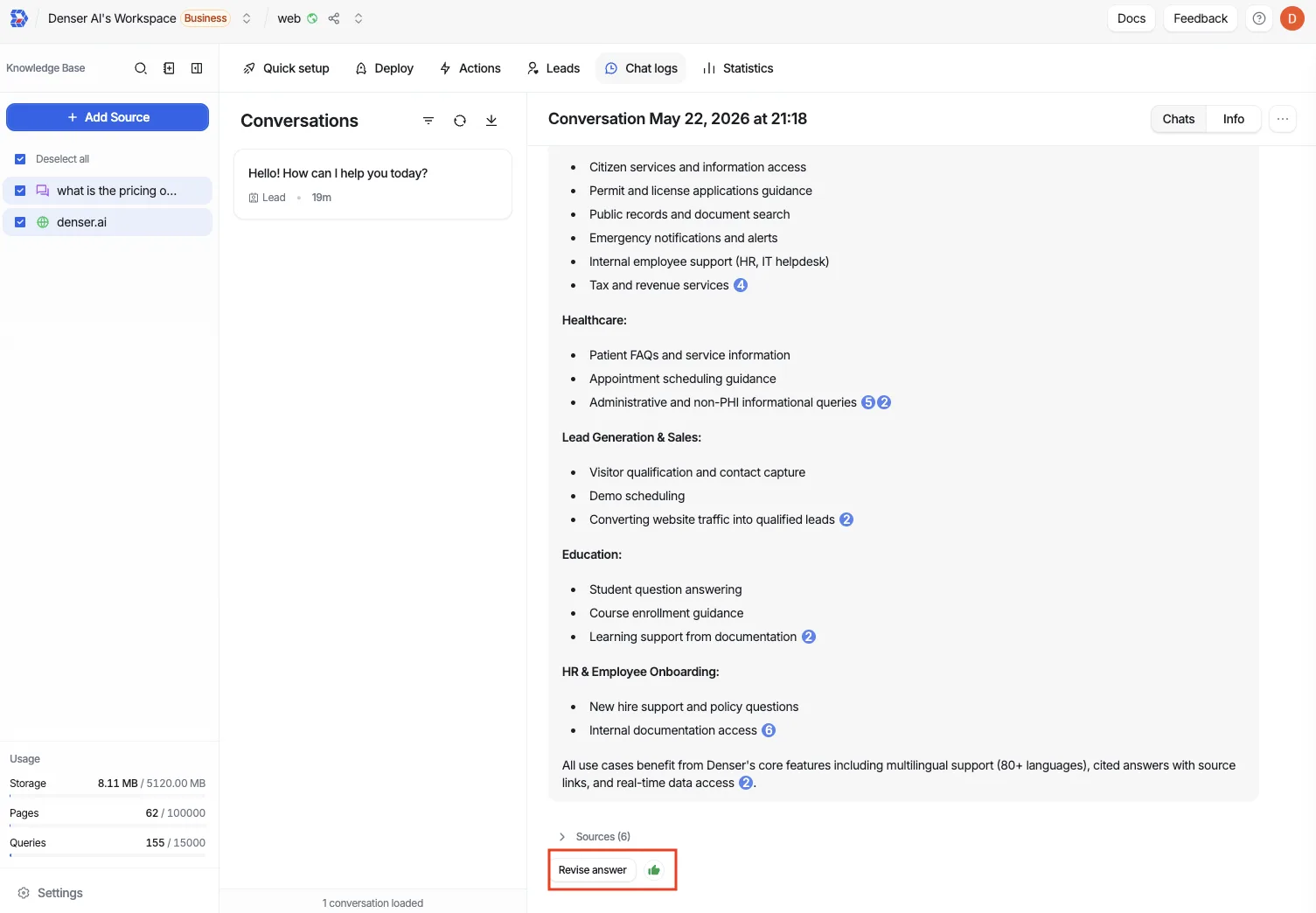 Chat logs view with a conversation list and full transcript
