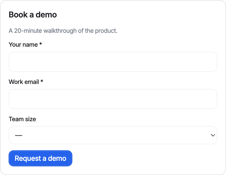 The Book a demo card template: Asks for a few details and sends them as a demo request.