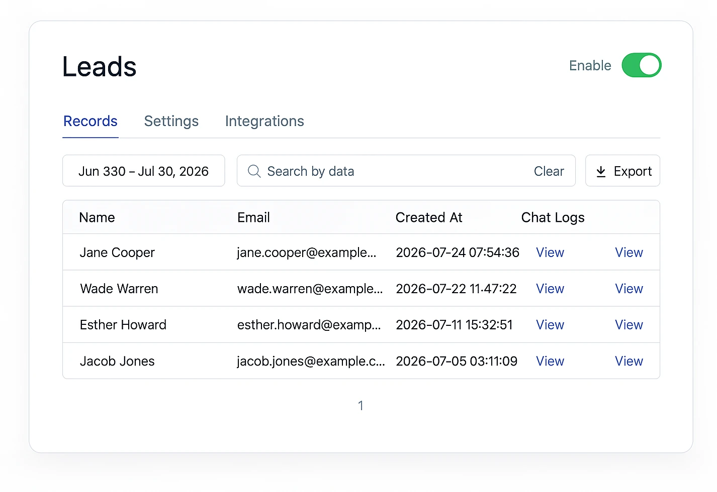 Denser Leads dashboard: a table of captured leads with name, email, created date, and a link to each visitor's full chat transcript, plus date filtering and CSV export.